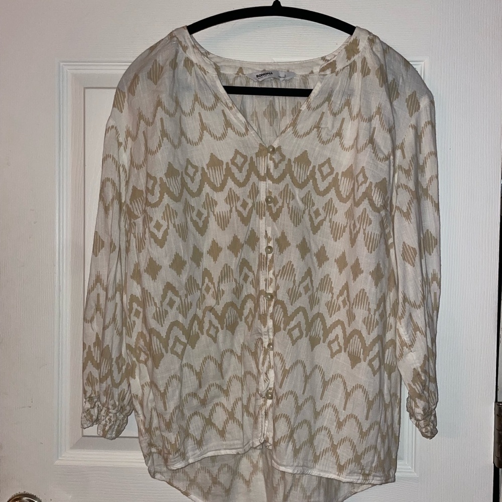 Sonoma Beige and White Lightweight Cotton Blend Patterned Top